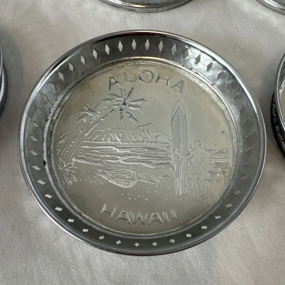Vintage Hawaii Aloha Tin Metal Coasters Surfer Tiki Bar Man‎ Cave 3